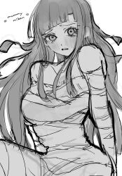  bandaged_arm bandaged_chest bandages bare_shoulders blunt_bangs blush breasts commentary_request danganronpa_(series) danganronpa_2:_goodbye_despair female highres large_breasts long_hair mummy_costume nelt solo teeth tsumiki_mikan 