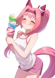  absurdres alternate_costume animal_ears bare_shoulders blush bow breasts closed_eyes closed_mouth commentary_request dolphin_shorts ear_bow ear_covers female food freely2327 hairband haru_urara_(umamusume) headband highres holding holding_ice_cream_cone horse_ears horse_girl horse_tail ice_cream ice_cream_cone long_hair multiple_scoops pink_bow pink_hair pink_headband pink_shorts pink_tail ponytail red_headband shorts simple_background small_breasts smile solo striped_bow tail tank_top tongue tongue_out umamusume white_background white_tank_top 