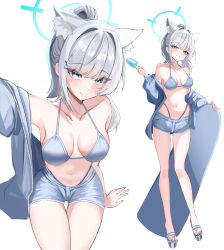  absurdres alternate_costume animal_ear_fluff animal_ears bikini blue_archive blue_bikini blue_jacket blue_shorts blush breasts breasts_apart collarbone commentary cutoffs denim denim_shorts female flip-flops full_body grey_eyes grey_hair grin hair_between_eyes halo hand_up hands_up heterochromia highres jacket large_breasts long_hair looking_at_viewer multiple_views navel open_clothes open_jacket parted_lips sandals shiroko_(blue_archive) shorts smile standing stomach swimsuit untranslatable_commentary very_long_hair wgff4824 wolf_ears wolf_girl 