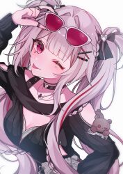  bare_shoulders black_choker black_shirt bow breasts butterfly-shaped_pupils butterfly_in_eye choker cleavage commentary_request eyewear_on_head facial_mark female hair_ornament hairbow hairclip heart heart_facial_mark highres honkai:_star_rail honkai_(series) jewelry long_hair long_sleeves medium_breasts necklace official_alternate_costume one_eye_closed pink_eyes red_nails ring shirt solo sparkle_(honkai:_star_rail) sparxie_(candy-coated_waves)_(honkai:_star_rail) sparxie_(honkai:_star_rail) stuffed_animal stuffed_toy sui_sl0 sunglasses symbol-shaped_pupils teddy_bear tongue tongue_out twintails two_side_up white_hair x_hair_ornament 