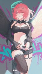  absurdres alternate_costume artist_name asymmetrical_wings black_shoes black_shorts black_wings breasts commentary cowboy_shot crop_top eyes_visible_through_hair feathered_wings female fishnet_thighhighs fishnets hair_intakes hair_ornament highres hoavu large_breasts linea_alba long_sleeves medium_hair mismatched_wings nail_polish navel open_fly parted_lips pink_eyes pink_hair pink_nails remielle_dan shoes short_shorts shorts single_thighhigh solo standing standing_on_one_leg star_(symbol) star_hair_ornament thighhighs thumb_in_beltline white_wings wings zenless_zone_zero 