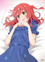  absurdres artist_name bed blue_dress blush bocchi_the_rock! commentary condom condom_wrapper dress female frilled_dress frilled_sleeves frills green_eyes hair_between_eyes highres kita_ikuyo long_hair looking_at_viewer lying on_back on_bed one_side_up open_mouth own_hands_together pillow red_hair short_sleeves sidelocks signature sim_evo smile solo star_(symbol) star_print 