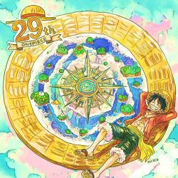  1boy abs anniversary arms_behind_head black_hair blue_shorts blue_sky closed_eyes cloud cloudy_sky collarbone commentary_request compass copyright_name cross_scar full_body fur-trimmed_shorts fur_trim furol_nicoco grin hat island lying male_focus monkey_d._luffy ocean on_back one_piece open_clothes open_shirt red_shirt sandals sash scar scar_on_chest shirt short_hair shorts sky smile solo straw_hat tree water yellow_sash 