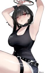  absurdres adammaarr armpit_crease armpits arms_up belt black_hair black_halo black_tank_top blue_archive blue_shorts blunt_bangs blush breasts bright_pupils choker cleavage collarbone commentary denim denim_shorts female hair_ornament hairclip halo highres large_breasts lips long_hair looking_at_viewer looking_down parted_lips red_eyes rio_(blue_archive) shorts solo studded_belt studded_choker studded_wristband studs tank_top thigh_strap thighs white_pupils wristband 