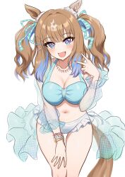  absurdres almond_eye_(natsuzora_chirutime)_(umamusume) almond_eye_(umamusume) animal_ears bikini blue_bikini blue_eyes blush bracelet breasts brown_hair cleavage colored_inner_hair commentary_request female hair_between_eyes hair_ornament hair_ribbon hairclip highres horse_ears horse_girl horse_tail jacket jewelry leaning_forward long_hair long_sleeves looking_at_viewer mag_(magburubon) medium_breasts multicolored_hair navel open_mouth outstretched_arms reaching reaching_towards_viewer ribbon smile stomach swimsuit symbol-shaped_pupils tail twintails umamusume x-shaped_pupils 