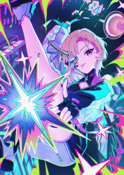  absurdres bare_legs black_gloves black_shirt black_shorts black_skirt blonde_hair broken_mask cleavage_cutout clothing_cutout commentary_request falling female fingerless_gloves from_below full_body gloves hannya highres mask night noh_mask one_eye_covered original purple_eyes rubisco shirt shoes short_hair shorts shoulder_cutout skirt sneakers solo tongue tongue_out urban 