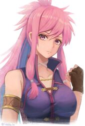  armlet armpit_crease bare_shoulders blush breasts choker closed_mouth collarbone commentary_request female fingerless_gloves fire_emblem fire_emblem:_the_sacred_stones gloves hand_up highres jewelry labebebe_lee large_breasts long_hair looking_at_viewer marisa_(fire_emblem) pink_eyes pink_hair ponytail purple_eyes purple_hair purple_tunic simple_background sleeveless solo tunic upper_body white_background white_choker 