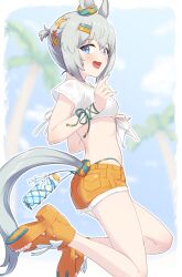 animal_ears aqua_bikini bare_shoulders bikini bikini_under_clothes blue_eyes blush breasts commentary_request ear_scrunchie el_dockie female green_bikini grey_hair hair_between_eyes hair_ornament highres horse_ears horse_girl horse_tail looking_at_viewer official_alternate_costume open_mouth orange_shoes orange_shorts seiun_sky_(nagisa_no_kimagure_orange)_(umamusume) seiun_sky_(umamusume) shirt shoes short_hair shorts small_breasts smile solo swimsuit tail umamusume white_shirt 