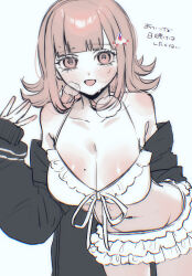  :d bikini black_jacket blunt_bangs blush breasts brown_hair cleavage collarbone commentary_request danganronpa_(series) danganronpa_2:_goodbye_despair female flipped_hair hair_ornament hand_up heart heart_in_eye highres jacket large_breasts long_sleeves looking_at_viewer medium_hair mole mole_on_breast nanami_chiaki nelt open_clothes open_jacket pink_eyes simple_background smile solo swimsuit symbol_in_eye upper_body white_background white_bikini 