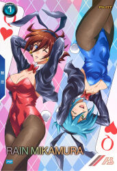  2girls :d ;d alkham allenby_beardsley animal_ear_hairband animal_ears arms_behind_head black_jacket black_pantyhose blue_eyes blue_hair blue_leotard blush bow bowtie breasts brown_hair bunny_day card character_name commentary_request cowboy_shot cropped_jacket detached_collar double-parted_bangs earrings fake_animal_ears fake_tail g_gundam green_eyes gundam gundam_arsenal_base hair_between_eyes hairband highleg highleg_leotard highres jacket jewelry large_breasts leotard long_sleeves looking_at_viewer low_neckline medium_breasts multiple_girls official_art one_eye_closed open_clothes open_jacket open_mouth pantyhose parted_lips playboy_bunny playing_card queen_(playing_card) queen_of_hearts_(playing_card) rabbit_ear_hairband rabbit_ears rabbit_tail rain_mikamura red_bow red_bowtie red_leotard short_hair smile sphere_earrings standing strapless strapless_leotard tail upside-down 