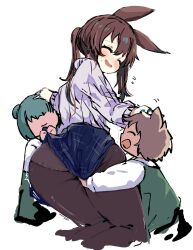  2others alternate_costume amiya_(arknights) animal_ears arknights blush brown_hair brown_pantyhose closed_eyes female green_hair hair_over_eyes headpat highres kneeling lolicon long_hair long_sleeves looking_at_another multiple_others open_mouth pantyhose ponytail purple_shirt rabbit_ears rabbit_girl shirt simple_background skirt skirt_tug smile sukima_(crie) white_background 
