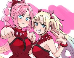  >:( 2girls alt_text anyoji_hime blonde_hair blue_hair blush bow breasts clenched_hand closed_mouth commentary_request do!_do!_do!_(love_live!) dress ereka frown gradient_hair grin hairbow highres holding_hands interlocked_fingers long_hair looking_at_viewer love_live! love_live!_hasu_no_sora_jogakuin_school_idol_club medium_breasts mira-cra_park! multi-tied_hair multicolored_hair multiple_girls oerba_yun_fang osawa_rurino outstretched_arm pink_background pink_hair ponytail red_bow red_dress sideboob sleeveless sleeveless_dress smile twintails upper_body v-shaped_eyebrows very_long_hair virtual_youtuber w 