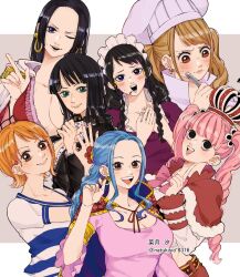  6+girls baby_5 bad_id bad_twitter_id black_dress black_eyes blue_hair blush boa_hancock breasts capelet charlotte_pudding cigarette cleavage commentary_request cooking crown dress drill_hair earrings epaulettes half_updo highres jewelry looking_at_viewer maid_headdress multiple_girls nami_(one_piece) natsuki_shio nefertari_vivi nico_robin one_piece orange_hair perona pink_dress pink_hair red_capelet sidelocks smile snake_earrings twin_drills upper_body 