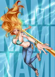  :p ;p bangle bare_shoulders bikini bikini_top_only blue_pants bracelet breasts brown_eyes character_name cleavage clima-tact denim dynamic_pose earrings electricity english_commentary eris21471224 female floating_hair gold_bangle green_bikini groin halterneck high_heel_sandals high_heels highres holding holding_staff jeans jewelry large_breasts log_pose long_hair looking_at_viewer nami_(one_piece) narrow_waist navel one_eye_closed one_piece orange_hair outstretched_arms pants pearl_earrings sandals shoulder_tattoo sidelocks signature smile solo staff stomach swimsuit tattoo thunder tongue tongue_out wavy_hair 