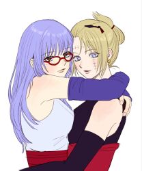  2girls black_kimono blonde_hair blunt_bangs commentary_request earrings gintama glasses highres hug jagupjajok6 japanese_clothes jewelry kimono korean_commentary long_hair multiple_girls obi purple_hair sarutobi_ayame sash simple_background sleeveless sleeveless_kimono stitched_face stitches tsukuyo_(gintama) white_background 
