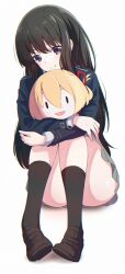  absurdres arms_on_knees bare_legs birthday black_hair black_socks blonde_hair blue_jacket brown_shoes commentary_request convenient_leg female grey_skirt hair_between_eyes hair_ribbon hair_rings highres holding holding_stuffed_toy inoue_takina jacket knees_up lmtxxn loafers long_hair long_sleeves looking_at_viewer lycoris_recoil lycoris_uniform nishikigi_chisato purple_eyes red_ribbon ribbon shoes short_hair simple_background sitting skirt smile socks solo stuffed_toy white_background 