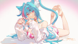  animal_ear_fluff animal_ears barefoot bell bikini blue_hair blue_nails blue_tail breasts cat_ears cat_girl cat_tail choker closed_mouth commentary_request endlessdarkness female four-finger_heart_hands hair_ornament heart heart_hands highres large_breasts long_hair looking_at_viewer mint_(leisurely_holiday)_(nte) mint_(nte) multicolored_hair nail_polish neck_bell neverness_to_everness official_alternate_costume pink_bikini pink_choker pink_eyes pink_streaks smile solo streaked_hair swimsuit tail two-tone_hair very_long_hair white_background x_hair_ornament 