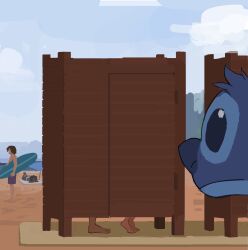  2boys 2girls amugea barefoot beach blue_fur changing_room cloud day highres holding holding_surfboard implied_sex lifeguard_(lilo_&amp;_stitch) lilo_&amp;_stitch multiple_boys multiple_girls outdoors sky stitch_(lilo_&amp;_stitch) straight surfboard 