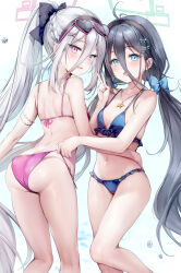  2girls alternate_hairstyle aris_(blue_archive) ass bare_arms bare_shoulders bikini black_hair black_hairband blue_archive blue_background blue_bikini blue_eyes blush braid breasts chiyingzai commentary_request eyewear_on_head frilled_bikini frills gradient_background hair_between_eyes hairband halo highres kei_(blue_archive) kei_(student)_(blue_archive) long_hair looking_at_viewer low_twintails multiple_girls navel open_mouth partial_commentary pink_bikini pink_eyes ponytail pulling_another's_clothes rectangular_halo small_breasts smile standing string_bikini swimsuit triangle_bikini_top twintails v very_long_hair wet white_background 