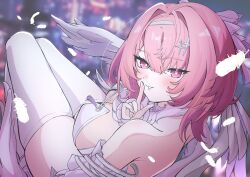  absurdres blurry blurry_background breasts commentary_request detached_sleeves dress falling_feathers feathers female finger_to_mouth guruguru_mobbu hair_intakes highres large_breasts looking_at_viewer medium_hair multiple_moles pink_eyes pink_hair remielle_dan shushing solo thighhighs thighs white_dress white_feathers white_thighhighs white_wings wings zenless_zone_zero 