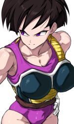  breasts brown_hair closed_mouth commentary dragon_ball dragon_ball_z earrings female gloves hand_on_own_hip highres jewelry large_breasts looking_to_the_side monkey_tail purple_eyes saiyan_armor seripa short_hair simple_background solo tail takundraws thighs white_background white_gloves 
