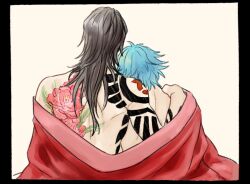  2boys back back_tattoo black_border black_hair blue_hair border commentary_request dramatical_murder flower_tattoo from_behind head_on_another's_shoulder koujaku kuwa_ayase long_hair male_focus multiple_boys seragaki_aoba shared_clothes short_hair tattoo upper_body yaoi 