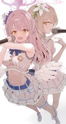  2girls absurdres alternate_costume angel_wings belt blue_archive blue_belt blue_bow blue_bowtie blush bow bowtie breasts brown_hair commentary cropped_shirt flower frilled_thigh_strap hair_bun hair_flower hair_ornament halo highres holding holding_microphone idol idol_clothes large_breasts long_hair looking_at_viewer low_wings microphone mika_(blue_archive) multiple_girls nagisa_(blue_archive) navel open_mouth pink_hair pink_halo pjkka shirt singing single_side_bun skirt sleeveless sleeveless_shirt smile thigh_strap white_skirt white_wings wings yellow_eyes 