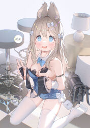  @_@ absurdres animal_ears bag bare_shoulders black_bag black_bow blue_bow blue_bowtie blue_eyes blue_leotard bow bowtie breasts brown_hair checkered_floor commentary_request desk_lamp detached_collar duct_tape english_text female highres hoji_(hooooooooji1029) lamp leotard looking_at_viewer on_floor original pasties rabbit_ears rabbit_girl rabbit_tail scissors solo stool tail tape tape_on_nipples thighhighs white_thighhighs 