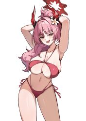  absurdres armpits arms_behind_head arms_up bikini black_horns blue_archive blush breasts cleavage collarbone commentary_request female flower hair_flower hair_intakes hair_ornament halo highres horns huge_breasts long_hair looking_at_viewer mole mole_on_breast multicolored_horns navel oerba_yun_fang open_mouth pink_hair red_bikini red_halo red_horns satsuki_(blue_archive) satsuki_(swimsuit)_(blue_archive) shidiancijianongpao side-tie_bikini_bottom simple_background smile solo stomach swimsuit teeth thighs two-tone_horns white_background yellow_eyes yellow_flower 