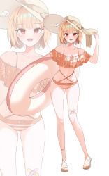  absurdres bandaid bandaid_on_leg bare_shoulders bikini blonde_hair breasts byeoljan collarbone commentary female frilled_bikini frills full_body hair_ornament hat highres holding holding_swim_ring innertube isegye_idol jingburger korean_commentary looking_at_viewer medium_breasts multi-strapped_bikini_top navel off-shoulder_bikini off_shoulder open_mouth orange_bikini red_eyes sandals short_hair simple_background smile solo standing stomach striped_bikini striped_clothes sun_hat swim_ring swimsuit toenails toes virtual_youtuber waktaverse white_background wing_hair_ornament zoom_layer 