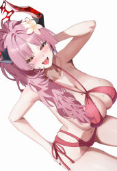  bad_id bad_pixiv_id bare_shoulders bikini blue_archive blush breasts cleavage collarbone commentary_request earrings fangs female fingernails flower hair_flower hair_ornament halo high_ponytail highres hoop_earrings horns huge_breasts jewelry long_hair looking_at_viewer mole mole_on_breast nail_polish navel open_mouth pink_hair ponytail red_bikini red_eyes red_halo red_horns red_nails satsuki_(blue_archive) satsuki_(swimsuit)_(blue_archive) simple_background smile solo stomach swimsuit teeth thighs tongue upper_teeth_only user_yhdp5543 white_background yellow_flower 