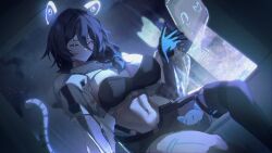  absurdres animal_ears black_bra black_hair black_thighhighs blue_eyes bra breasts cleavage closed_mouth commentary erina_makina female heterochromia highres holographic_interface huge_breasts long_hair looking_at_viewer mechanical_arms midriff navel phase_connect pink_eyes see-through_clothes see-through_sleeves shorts side_ponytail single_mechanical_arm sitting strapless strapless_bra thighhighs thighs tiger_ears tiger_girl underwear untranslatable_commentary virtual_youtuber zarasaru 