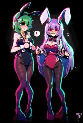  ! 2girls alternate_costume animal_ear_hairband animal_ears asymmetrical_hair black_background black_hairband black_leotard blush bow bowtie breast_envy breasts brown_pantyhose cleavage commentary_request dated detached_collar fake_animal_ears fishnet_pantyhose fishnets full_body green_eyes green_hair groin hairband height_difference highres iganashi1 large_breasts leotard looking_at_breasts multiple_girls pantyhose playboy_bunny purple_hair rabbit_ear_hairband rabbit_ears rabbit_girl red_bow red_bowtie red_eyes red_leotard reisen_udongein_inaba rod_of_remorse shiki_eiki simple_background spoken_exclamation_mark strapless strapless_leotard touhou wavy_mouth white_wrist_cuffs wrist_cuffs 