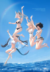  4girls absurdres alternate_costume animal_ears arcane_(arknights) arknights arknights:_endfield barefoot bikini bikini_skirt bird_ears bird_girl black_bikini black_hair blonde_hair blue_eyes blue_sky breasts chen_qianyu_(arknights) cleavage commentary_request dragon_girl dragon_horns dragon_tail eastern_dragon_horns eastern_dragon_tail endministrator_(arknights) facial_mark female_endministrator_(arknights) forehead_mark grey_hair head_wings highres horns large_breasts long_hair medium_breasts multicolored_bikini multicolored_hair multiple_girls no_mask one-piece_swimsuit open_mouth outdoors perlica_(arknights) purapi rainbow short_hair sky swimsuit tail twintails two-tone_bikini two-tone_hair water white_bikini white_one-piece_swimsuit wings 