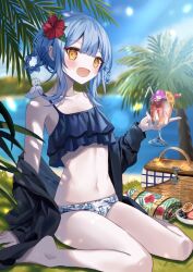  :d alternate_costume bare_shoulders bikini bird blue_hair blurry blurry_background braid braided_hair_rings cocktail_glass collarbone commentary_request cup dress drinking_glass female flower fruit_bowl full_body hair_flower hair_ornament hair_rings holding holding_cup jacket jacket_over_swimsuit jacket_partially_removed lake looking_at_viewer mahou_shoujo_no_majo_saiban navel off-shoulder_dress off_shoulder open_mouth picnic_basket picnic_blanket red_flower ruffle_bikini short_hair sitting sky smile solo stomach sugisaki_yuu swimsuit tachibana_sherry tree wariza yellow_eyes 