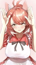  absurdres ahoge animal_ears apron blush breasts brown_eyes brown_hair checkered_ribbon commentary_request dantsu_flame_(umamusume) dress ear_covers employee_uniform fast_food_uniform female hair_between_eyes hairband highres horse_ears horse_girl kfc large_breasts looking_at_viewer multicolored_hair official_alternate_costume open_mouth pilinthia pink_hairband red_dress smile solo striped_clothes striped_dress umamusume vertical-striped_clothes vertical-striped_dress white_apron white_hair 