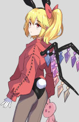  alternate_costume animal_ear_hairband animal_ears black_hairband black_leotard blonde_hair bow brown_pantyhose bunny_day commentary_request crystal crystal_wings fake_animal_ears female flandre_scarlet gloves grey_background hairband hairbow highres hood hoodie jack_(wkm74959) leotard long_sleeves medium_hair multicolored_wings one_side_up pantyhose playboy_bunny rabbit_ear_hairband rabbit_ears rabbit_tail red_bow red_eyes red_hoodie simple_background solo stuffed_animal stuffed_rabbit stuffed_toy tail touhou white_gloves wings 