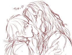  2boys blush commentary_request dramatical_murder french_kiss from_side hair_behind_ear hand_on_another's_arm kissing kuwa_ayase long_hair male_focus mink_(dramatical_murder) multiple_boys seragaki_aoba simple_background white_background yaoi 