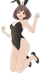 ahoge animal_ear_hairband animal_ears bare_shoulders black_leotard breasts brown_eyes brown_hair bunny_day commentary_request covered_navel fake_animal_ears female full_body grow_up_show:_himawari_no_circus-dan hairband highres himahari_neru legs_together leotard looking_at_viewer medium_breasts open_mouth playboy_bunny rabbit_ear_hairband rabbit_ears shiny_skin short_hair simple_background solo strapless strapless_leotard tsurumaki_mizuka white_background 