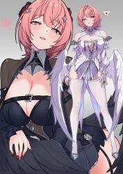  absurdres belt black_belt black_bow black_dress black_shirt black_wings blush bow breasts chest_belt cleavage closed_mouth commentary_request dress dual_persona female fingernails full_body grey_background hair_intakes hair_ribbon hairbow heart high_heels highres kaiven_banzhang large_breasts long_sleeves looking_at_viewer medium_hair mole mole_on_breast nail_polish open_mouth pink_eyes pink_hair pink_lips purple_nails purple_ribbon red_bow red_nails remielle_dan ribbon shirt shoes simple_background smile solo_focus speech_bubble thighhighs thighs thought_bubble tongue tongue_out white_dress white_ribbon white_shoes white_thighhighs white_wings wings zenless_zone_zero 