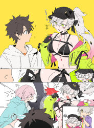  2boys 2girls ? agata720 anger_vein baseball_cap bikini black_bikini black_hair blue_eyes breasts fate/grand_order fate_(series) fighting fujimaru_ritsuka_(male) fujimaru_ritsuka_(male)_(summer_street) galahad_(fate) green_eyes green_jacket grey_hair hat highres hood hoodie horns jacket lilith_(fate) lilith_(swimsuit_rider)_(first_ascension)_(fate) long_hair mash_kyrielight mash_kyrielight_(swimsuit_of_perpetual_summer_ver.02) medium_breasts multiple_boys multiple_girls oerba_yun_fang pink_hair pointy_ears ponytail skin_fang swimsuit translation_request unzipping yellow_background zipper 