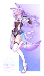  absurdres animal_ears bare_shoulders bodysuit breasts commentary_request female full_body gold_eyeshadow highres horse_ears horse_girl long_hair looking_at_viewer medium_breasts original pantyhose purple_hair standing standing_on_one_leg straight-on tachi-e thighhighs thighs waist_cape white_pantyhose white_thighhighs yinber 
