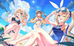  absurdres ankle_strap armpit_crease aviator_sunglasses bare_arms bare_legs bare_shoulders beach bikini black_bikini black_choker black_trim blonde_hair blue_bikini blue_bow blue_choker blue_eyes blue_one-piece_swimsuit blue_ribbon blue_sky blue_trim blush bottle bow bow_bikini bow_hairband bracelet breasts chair choker cleavage cloud collarbone crossed_legs day dot_nose drinking_straw dutch_angle eyewear_on_head frilled_bikini frills girls'_frontline girls'_frontline_2:_exilium green_hair green_streaks hair_ornament hair_ribbon hairband hairbow hairclip hands_up highres holding holding_bottle jewelry k2_(girls'_frontline) layered_bikini lens_flare light_blush long_hair looking_at_viewer lounge_chair medium_breasts multicolored_hair navel ocean official_alternate_costume one-piece_swimsuit one_eye_closed open_mouth outdoors paintlabor parallel_hairclips pointing pointing_at_viewer ribbon sand sandals sharkry_(girls'_frontline_2) sharkry_(swimsuit_idol)_(girls'_frontline_2) shoes side_ponytail sitting sky slide smile squatting star-shaped_pupils star_(symbol) starfish stomach streaked_hair sunglasses sunlight swimsuit symbol-shaped_pupils teeth thigh_strap thighs upper_teeth_only vepley_(girls'_frontline_2) water white_bikini white_bow white_hairband yoohee_(girls'_frontline_2) 