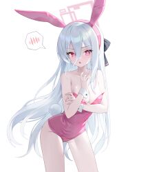  absurdres alternate_costume animal_ear_hairband animal_ears black_hairband blue_archive breasts commentary double-parted_bangs fake_animal_ears fake_tail female hair_between_eyes hairband half_updo halo heavenly_rabbit highleg highleg_leotard highres kei_(blue_archive) kei_(student)_(blue_archive) leotard long_hair_between_eyes loosely_tucked_bangs pink_eyes pink_halo pink_leotard playboy_bunny rabbit_ear_hairband rabbit_ears rabbit_tail rectangular_halo ringed_eyes solo spoken_blush strapless strapless_leotard tail white_background white_hair white_wrist_cuffs wrist_cuffs 