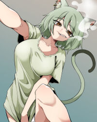  animal_ear_fluff animal_ears breasts cat_ears cat_girl cat_tail cigar closed_mouth collarbone commentary_request dgt134 earrings female frown grey_background grey_eyes grey_hair grey_shirt hair_between_eyes highres jewelry large_breasts multiple_earrings reaching reaching_towards_viewer satou_yaniko shirt short_sleeves simple_background smoking solo t-shirt tail yani_neko 