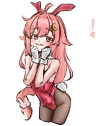  :3 absurdres alternate_costume animal_ear_hairband animal_ears black_pantyhose crescent crescent_hair_ornament cropped_legs detached_collar fake_animal_ears female gloves hair_ornament hairband highres kantai_collection leotard lilshigu long_hair low-tied_long_hair one-hour_drawing_challenge pantyhose pink_eyes pink_hair playboy_bunny rabbit_ears rabbit_hair_ornament rabbit_tail red_leotard simple_background smile solo strapless strapless_leotard tail twitter_username uzuki_(kancolle) white_background white_gloves wrist_cuffs 