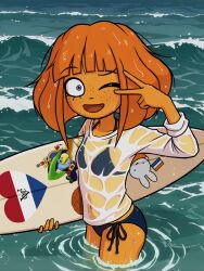  bikini bikini_under_clothes bikini_visible_through_clothes black_bikini blue_eyes blunt_bangs blunt_ends bob_cut breasts broistgruen commentary cowboy_shot dripping dutch_east_india_company dutch_flag english_commentary eyelashes female freckles hand_up heart highres holding holding_surfboard kapitein_koek long_sleeves loose_hair_strand miffy miffy_(character) mymy_schoppenboer ocean one_eye_closed ongezellig orange_hair orange_skirt partially_submerged ripples see-through_clothes see-through_shirt shirt short_hair side-tie_bikini_bottom sidelocks skirt small_breasts solo standing string_bikini surfboard surfing swimsuit t-shirt v v_over_eye wading waves wet wet_clothes wet_shirt white_shirt 