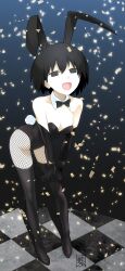  :d absurdres animal_ears artist_name bare_shoulders bent_over black_bow black_bowtie black_eyes black_gloves black_hair black_shoes black_thighhighs blue_background bob_cut bow bowtie breasts breasts_squeezed_together bunny_day checkered_floor cleavage collarbone commentary confetti detached_collar elbow_gloves empty_eyes female fishnet_pantyhose fishnets full_body gloves gradient_background grey_background hair_between_eyes hands_on_own_thigh high_heels highleg highleg_leotard highres kikumaru_bunta leaning_forward leotard looking_at_viewer monogatari_(series) open_mouth oshino_ougi pale_skin pantyhose pigeon-toed playboy_bunny rabbit_ears rabbit_tail shoes short_hair signature small_breasts smile solo standing strapless strapless_leotard tail thigh_gap thighhighs thighhighs_over_pantyhose tile_floor tiles translated v_arms 
