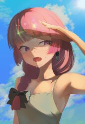  @_@ absurdres agm arm_up bare_shoulders black_bow blue_sky bocchi_the_rock! bow braid braided_ponytail cloud cloudy_sky commentary dress earrings female green_dress hairbow highres hiroi_kikuri jewelry long_hair looking_to_the_side oerba_yun_fang open_mouth purple_eyes purple_hair shading_eyes single_braid single_earring sky sleeveless sleeveless_dress solo sweatdrop untranslatable_commentary upper_body 