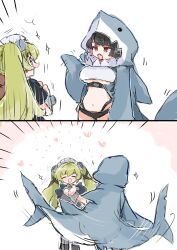  2girls animal_costume apron az79709363 black_hair breasts closed_eyes commentary corin_wickes ellen_joe fins fish_tail green_hair highres large_breasts long_hair looking_at_another maid maid_apron maid_headdress multiple_girls open_mouth red_eyes shark_costume shark_girl shark_tail short_hair smile standing tail tail_wagging twintails zenless_zone_zero 